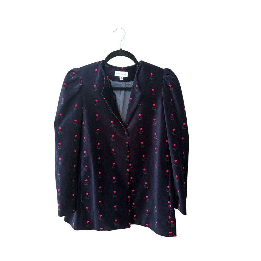 Something Navy Velvet Floral Rosebud Embroidered Puff Shoulder Blazer Navy M‎